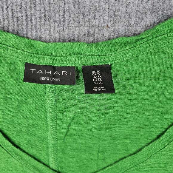 Tahari Shirt Womens 1X Kelly Green Linen V Neck Coastal Minimal Classic Top - Picture 4 of 5
